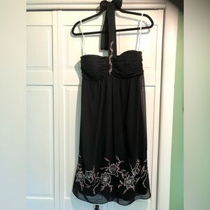 Vintage‎ Y2K Black Chiffon Embellished Sequined Evening Halter Dress sz 10 Gauzy